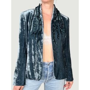 T Tahari Silk Blend Crushed Velvet Ruffle Blazer Teal Blue Green Ruffled M